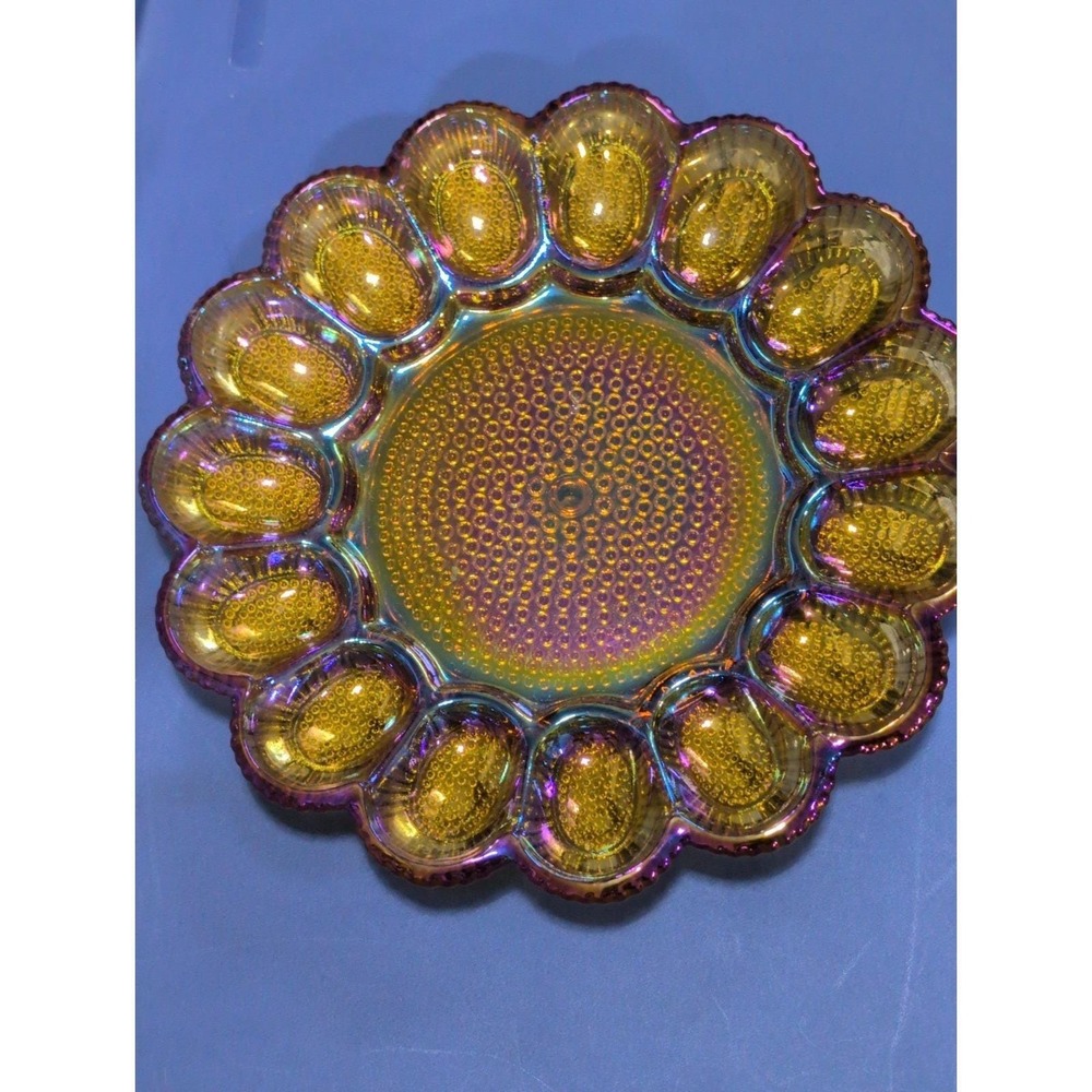 Vintage Indiana Glass Iridescent Gold Carnival Deviled Egg Relish Plate 11"